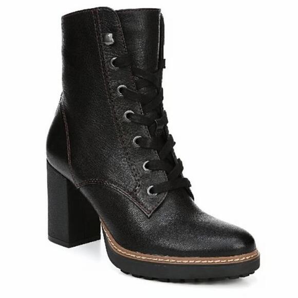 Naturalizer 8 Ankle Boots Black Leather Lace Up High Heel Lug Sole Side Zip NEW - Picture 1 of 12